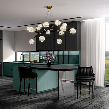 PLUM COUNTER STOOL, HORUS IRREGULAR BIG SUSPENSION LIGHT